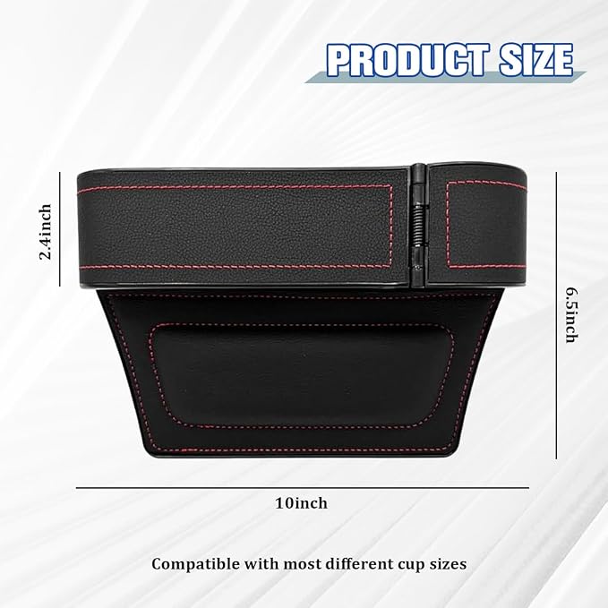 Car Seat Gap Filler Organizer with Cup Holder Expander, Leather Console Seam Filler Storage Box, Auto Front Seat Gap Organizer for Phones Keys Glasses, Universal Fit (Black/Red Passenger)