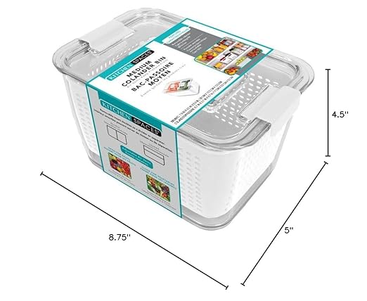Kitchen Spaces Colander Bin, Produce Saver, Fridge Organizer With Lid, Wash, Strain and Store, Great for Refrigerator, Freezer and Pantry, Medium, White, Pack of 1