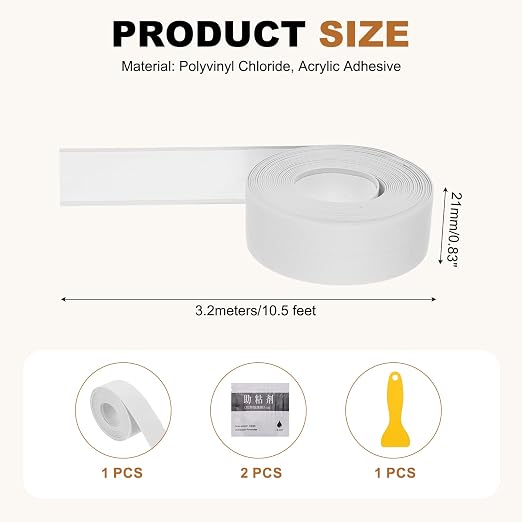uxcell Caulk Tape Waterproof, 0.83 Inch x 10.5 ft Self-Adhesive Sealant Sealing Strip Caulking Sealant Tape PVC with Tool for Kitchen Sink Toilet Bathroom Bathtub Floor, White