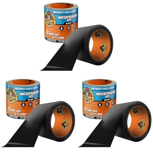 GORILLA Waterproof Patch & Seal Tape, Black Tape, 4" x 10' (Pack of 3) - Permanent Weather Resistant Seal for Leaks and Repairs