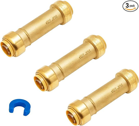 SUNGATOR 3/4 Inch Slip Coupling, Fatest Way for Emergency Repair and Leaks Fix, No Lead Brass Push-to-Connect Plumbing Fittings for PEX Pipe, Copper, CPVC, PE-RT, With 1 Disconnect Clip, Pack of 3
