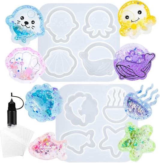Resin Shaker Molds Set Sea Animals Keychain Charms Pack of 8 Epoxy Silicone Trays Precision Tip Applicator Bottle Kit Bundle