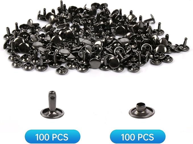 100 Sets Leather Rivets 8x10mm Double Cap Rivets Snaps Metal Studs Fasteners with 3pcs Setting Tools for Leather Craft DIY Repair Decoration, Gunmetal