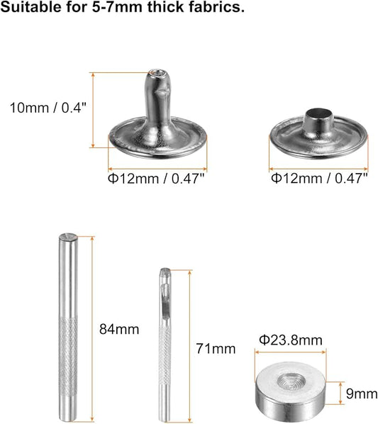 HARFINGTON 100 Sets Leather Rivets 10 x 12mm Metal Double Cap Rivet Snaps Studs Fasteners with 3pcs Setting Tools Rivets for Leather Craft DIY Repair Decoration, Silver Tone