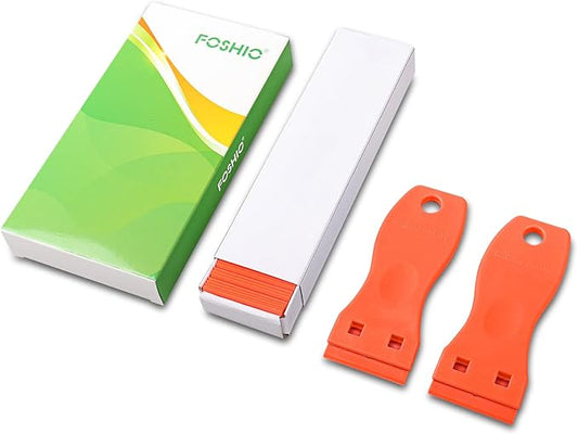 FOSHIO 2PCS Orange Plastic Razor Blade Scraper Tool and 100PCS Orange Plastic Blades for Gasket Remover, Sticker Remover, Labels Decal and Adhesive Remover for Windows and Glass