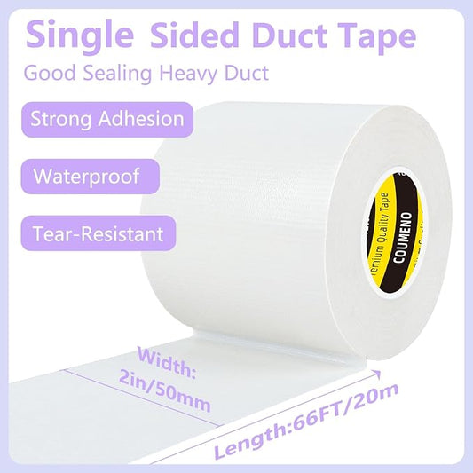 Duct Tape White, 2in x 66FT, Heavy Duty Industrial Grade Gaffer Tape 280μm, Waterproof Hand Tearable Repair Tape for Sealing, Bundling, Patching, Indoor & Outdoor Use