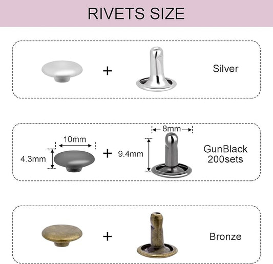 200Sets Rivets for Leather, 10mm Double Cap Leather Rivets Metal Tubular Studs for Key Fob Clothing Pets Collar Boots Bags Belt Repair and Decoration (Black)