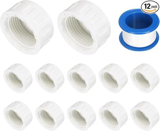 uxcell 12Pcs 1 Inch PT Female Thread PVC Pipe Fitting Cap, Cleanout Water Drain End Caps, Pipe Plug Socket Fittings with Tape for Water Heater Supply Lines, Plumbing, White