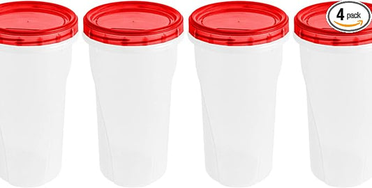 [48 Oz - Red - 4 Pk] Large Deli Food Storage Screw And Seal Containers 48 Oz Stackable Reusable Mirowave Dishwasher Safe Quality Plastic Twist Cap Canisters 4 Pack