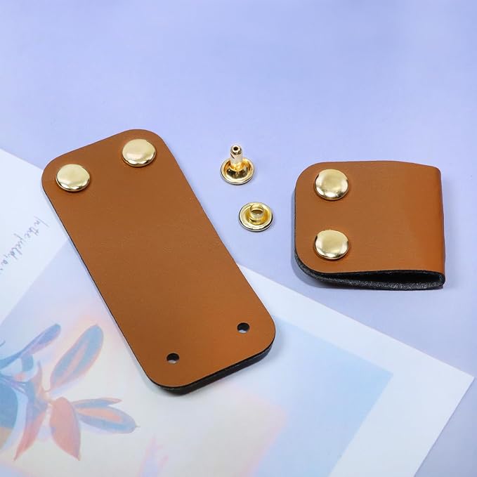 ONLYKXY Brown PU Leather Handmade Tag with Rivet Button for Knits,Rectangle Universal Blank Label Cute Repair Patch Soft Crochet Tape with Holes for DIY Clothing,Sewing Stamping,Keychain (30)