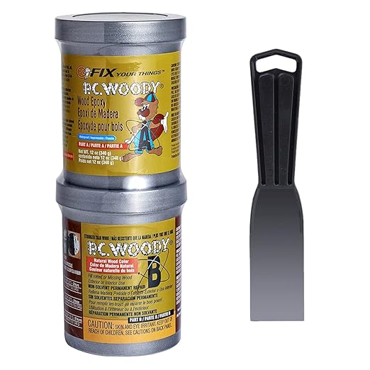 PC Products PC-Woody Wood Repair Epoxy Paste Kit with Mixing Tool, Two-Part 12 oz in Two Cans, Tan, 63320