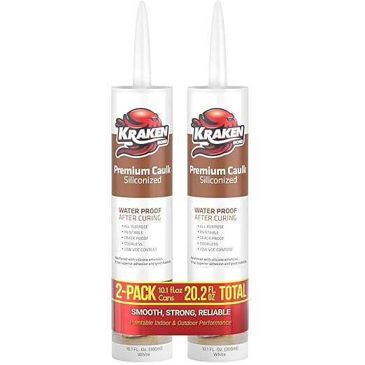 Kraken Bond Premium All Purpose Acrylic Latex Caulk - (2x10.1 fl. oz.) White Paintable Interior and Exterior Window Caulk, Baseboard, Trim, Kitchen and Bathroom - Waterproof, Odorless - 2 Pack