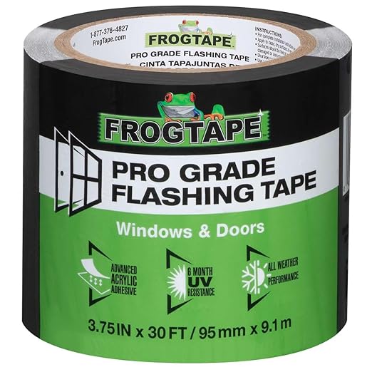 FrogTape Pro Grade Flashing Tape for Windows & Doors, 3.75 Inch Width - 30 Foot Roll, All Weather & UV Resistant Flashing Tape with Advanced Acrylic Adhesive - 10 mils - Black