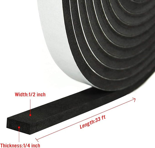 Seal Foam Tape,1/4" Thick-1/2-16.5 ft 2Rolls, Weather Stripping for Door and Window,High Density Single Sided Closed Cell Door Insulation Weather Strip, Black (1/4" Thick-1/2-16.5 ft)