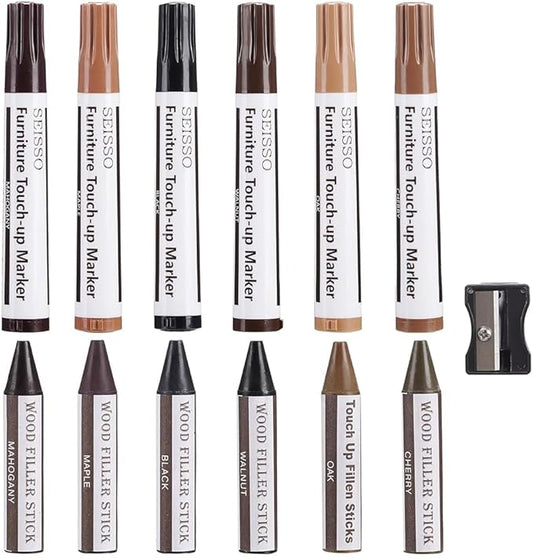 Furniture Repair kit, Wood Scratch Cover Markers*6 and Wax Filler Sticks*6 with Sharpener- 13Pack, Furniture Markers Touch Up Kit for Cover Ups Wooden Floors, Tables, Desks, Carpenters, Stains, Holes