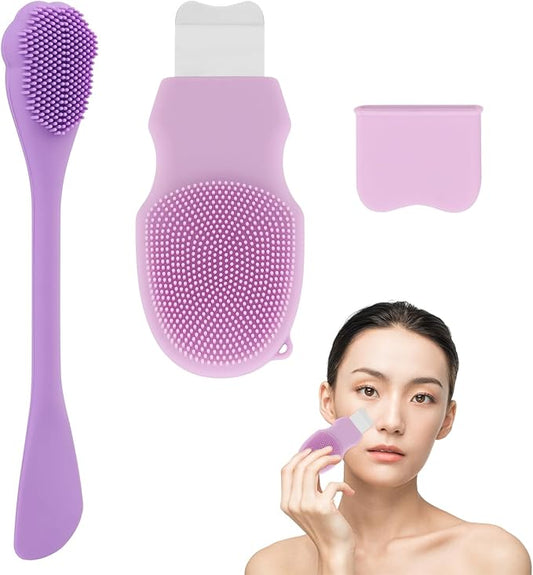 Blackhead Remover Tool for Face and Nose, 2 in 1 Silicone Face Cleansing Brush and Stainless Steel Blackhead Scraper Spatula, Mask Applicator for Men and Women(Purple)