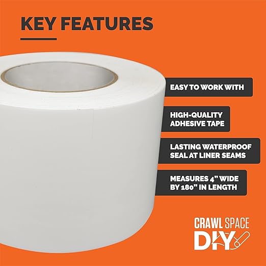 Crawlspace-DIY Vapor Barrier Tape, 12 Mil Easy-to-Use Polyethylene Moisture Vapor Barrier Seam Tape for Crawl Space, Repairs, Underlayment, Waterproof, 4" x 180'