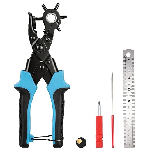 XZQTIVE 6 Sizes Heavy Duty Revolving Punch Plier Kit, Double Lever Labor-Saving Belt Hole Puncher Tool Set for Leather Repair, Watch Bands, Bag Straps, Dog Collars, Saddles, Shoes, Fabric, DIY Crafts