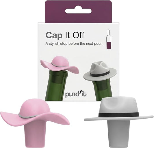 Pund'it Cap It Off Wine Bottle Stoppers, Set of 2 Stylish Hat Silicone Champagne and Wine Corks