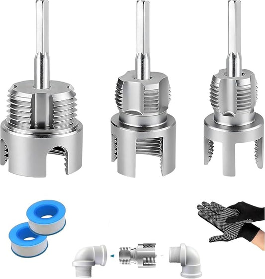 3 PCS Integrated PVC Pipe Threading Tool, Premium Carbon Steel Dual-Function Internal & External Pipe Threader for 1/2", 3/4", 1" Sizes PVC Pipes Suit for All Electric Drills (1/2"+3/4"+1")