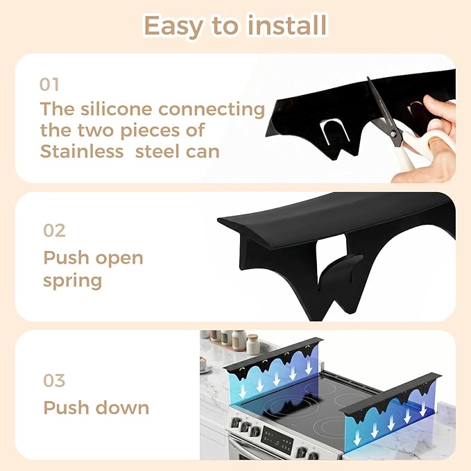 Silicone Stove Gap Covers with Stainless Steel, Oven Gap Filler Seals Gaps Between Stovetop and Counter, Stove Gap Guards Range Trim Kit, Easy to Clean Stove Gap Guard (Black 2 Pack,20.86")