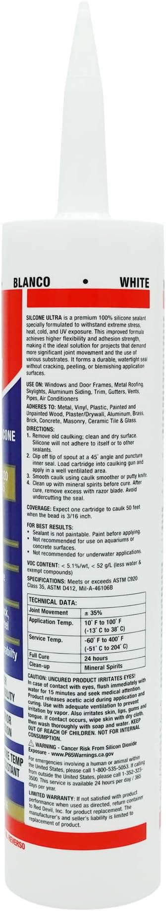 Red Devil 0780 Silicone Ultra 100% RTV Silicone Sealant, 10.1 oz., White, 12 Pack