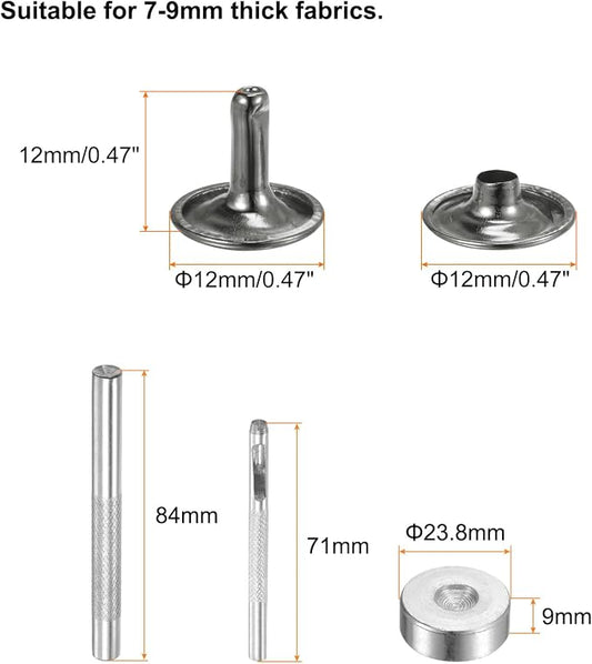 HARFINGTON 100 Sets Leather Rivets 12 x 12mm Metal Double Cap Rivet Snaps Studs Fasteners with 3pcs Setting Tools Rivets for Leather Craft DIY Repair Decoration, Gunmetal