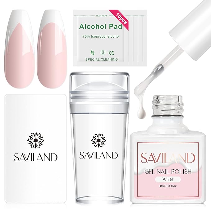Saviland French Manicure Kit: French Tip Nail Stamp with White Gel Nail Polish Set, Jelly Silicone Nail Stamper Nail Stamper Kit for French Nails Home DIY Nail Salon