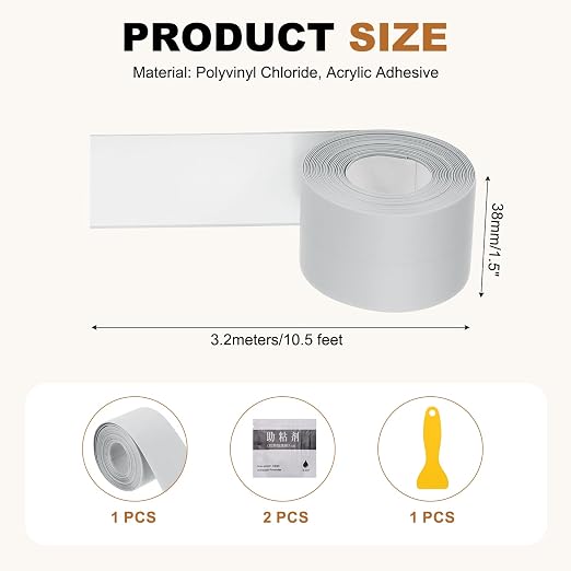 uxcell Caulk Tape Waterproof, 1.5 Inch x 10.5 ft Self-Adhesive Sealant Sealing Strip Caulking Sealant Tape PVC with Tool for Kitchen Sink Toilet Bathroom Bathtub Floor, Gray