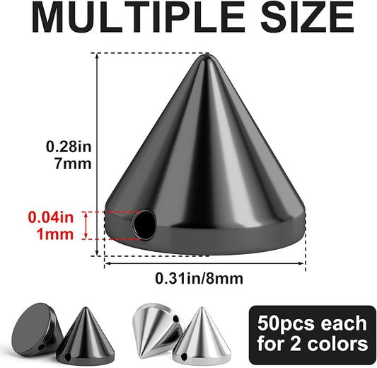 OIIKI 100 PCS 8mm ABS Bullet Spike Cone Studs, Black, Silver | Rivets Cone Spike Studs Beads, Flat Back Punk Spikes DIY Crafts Studs Glue on Decoration for Leather Clothes Belt Bags