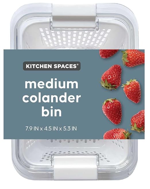 Kitchen Spaces Colander Bin, Produce Saver, Fridge Organizer With Lid, Wash, Strain and Store, Great for Refrigerator, Freezer and Pantry, Medium, White, Pack of 1