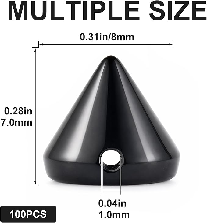OIIKI 100 PCS 8mm ABS Bullet Spike Cone Studs, Glossy Black | Rivets Cone Spike Studs Beads, Flat Back Punk Spikes DIY Crafts Studs Glue on Decoration for Clothing Leather Belt Bag Trims