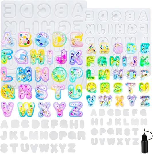 Alphabet Resin Shaker Molds Kawaii Keychain Charm Large and Small Set Pack of 107 Silicone Trays Seal Films Precision Tip Applicator Bottle Kit Bundle