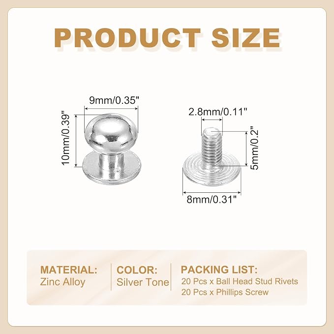 PATIKIL 9 mm Leather Rivets, 20 Sets Ball Head Stud Screw Back Round Head Button Chicago Screw Nipple Stud Rivet for Leather DIY Craft Handbag Belt Repairs, Silver Tone