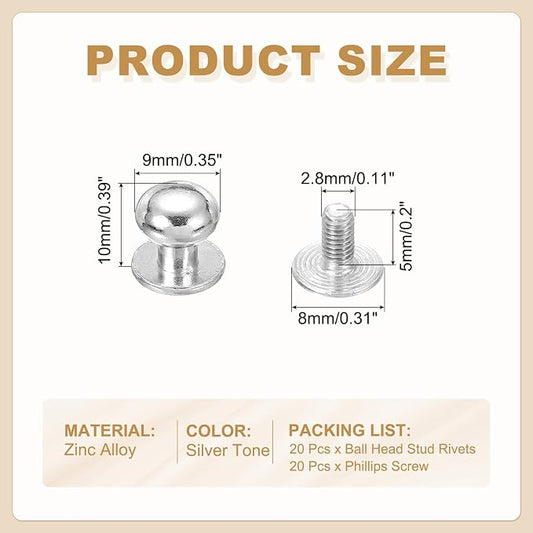 PATIKIL 9 mm Leather Rivets, 20 Sets Ball Head Stud Screw Back Round Head Button Chicago Screw Nipple Stud Rivet for Leather DIY Craft Handbag Belt Repairs, Silver Tone