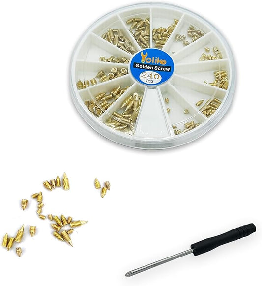 240 pcs Nickel Plated Tip Screws Pointed Cross Slot Leather Accessories 12 Sizes Belt Screws Include M2*3-M2*6, M2.5 * 3-M2.5 * 8, M3*3-M3*8 with 2mm Screwdriver for Belt Buckle Wallet Handbag Gold