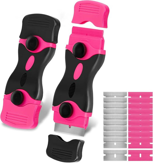 THINKWORK Razor Blade Scraper - Pink Razor Scraper Gift for Women, 2-in-1 Scraper Tool Set with 20Pcs Razor Blades for Removing Window Labels, Decals, Stickers, Glass Stove Top (2 Pack)