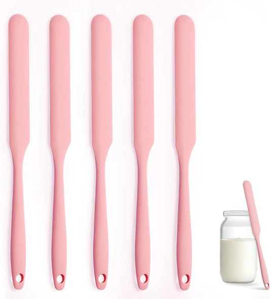 Silicone Jar Spatula Set of 5, Long Handle Skinny Spatula and Spurtle for Sourdough Starter, Flexible Jar Scraper for Peanut Butter, Jam, Icing, Cream with No Batter Left Behind (5)