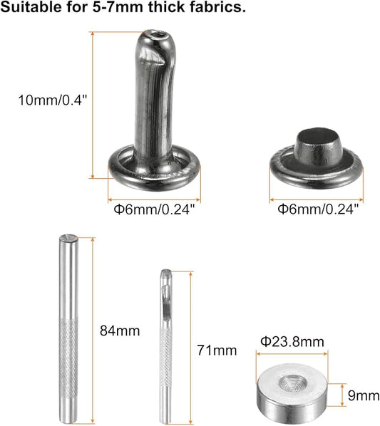 HARFINGTON 100 Sets Leather Rivets 10 x 6mm Metal Double Cap Rivet Snaps Studs Fasteners with 3pcs Setting Tools Rivets for Leather Craft DIY Repair Decoration, Gunmetal