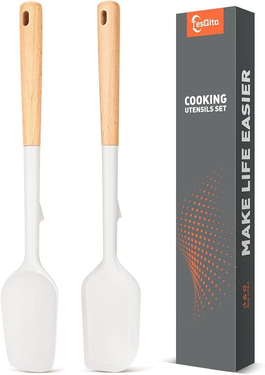 Large Silicone Spatula Scrapers with Long Wood Handle,Heat Resistant,Durable, Essential Baking Tools for Mixing, Folding, Scraping,Spreading for Nonstick Cookwares,Pack of 2 (White)