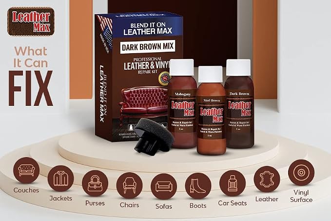 Leather Max Dark Brown Mix Vinyl and Leather Repair Kit - for Your Furniture, Jacket, Sofa, Car Seat, Boots, Easy Instructions to Match Brown Colors, Restore Any Material No Mixing Chart Needed