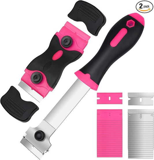 Ainiv Razor Blade Scraper, 2 PCS Razor Scraper Tool with 20PCS Metal Blades and 20PCS Plastic Blades, Multi-funtional Cleaning Razor Scraper for Decals, Stickers, Labels, Caulk, Adhesive Removal(Pink)