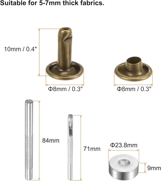 HARFINGTON 100 Sets Leather Rivets 10 x 8mm Metal Double Cap Rivet Snaps Studs Fasteners with 3pcs Setting Tools Rivets for Leather Craft DIY Repair Decoration, Bronze
