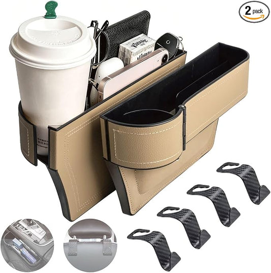 Car Seat Gap Filler Organizer,2 Pack Car Leather Cup Holder Gap Bag,Car Seat Storage Box with Adjustable Cup Holders,Car Organizer Front Seat for Holding Phone, Glasses, Keys, Cards (Beige)