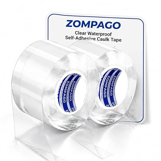 ZOMPAGO Caulk Tape 2Roll,1.4in X 33FT Clear Waterproof Self Adhesive Caulking Tape Peel and Stick Caulk Strip for Bathroom Bathtub Toilet Kitchen Vanity Stain Resistant
