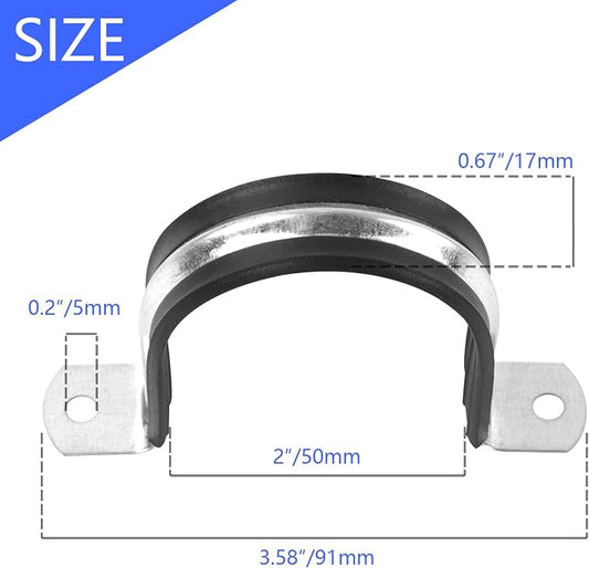 2 Inch Reinforced Rigid Pipe Strap, 2 Holes U Bracket Cable Clamp Hanger, Rubber Cushioned Insulated Clamp, Conduits Strap Clamps for Pipe Fixing on Various Surfaces, 10 PCS(50 mm)