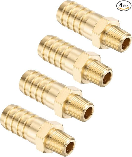Pack of 4 Brass Hose Barb Fittings Adapter Connector 1/2" Hose Barb to 1/8" NPT Male Fittings for Home Machines, Massage Bathtubs, and Irrigation Systems