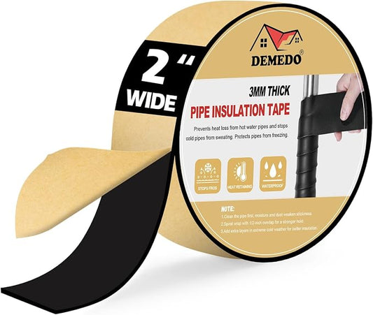 DEMEDO Pipe Insulation Tape, Pipe Wrap Insulation Foam Tape Self Adhesive, Outdoor Water Pipe Insulation Roll for HVAC, AC Line Insulation, 2 inch x 16.5 FT Heat Tape for Water Pipe, Black