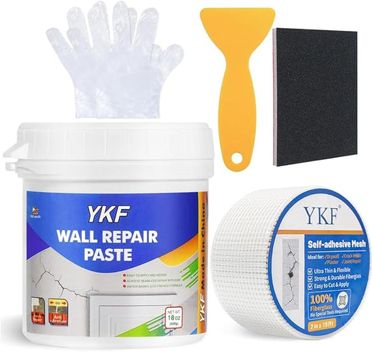 YKF Drywall Repair Kit (18 oz) - Spackle Paste with Scraper & 2X Self-Adhesive Patches (4") - Quick Dry, Waterproof Mending Agent for Large Holes, Plaster (White)