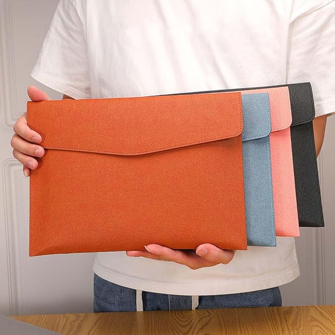 A4 PU Leather File Holder Document Envelope Folder with Snap Closure Blue Waterproof Portfolio File Oragnizer Pocket Storage Case for Receipt Contract Stationery Tablet, Business